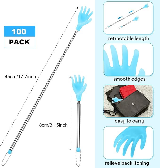 Tioncy 100 Pcs Extendable Back Scratcher Bulk Hand Shaped Retractable Scratcher Telescoping Massage Tool for Men Women Gifts Reducing Back Itching, Yellow and Blue