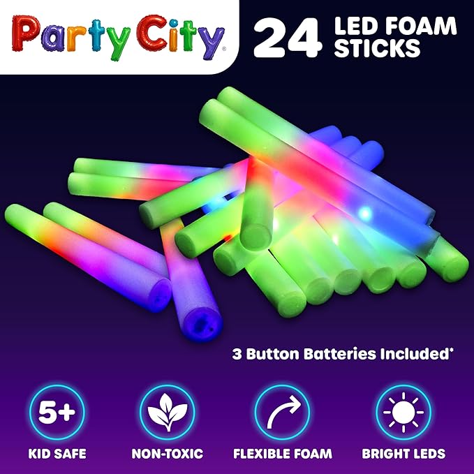 Party City 24pk LED Foam Glow Sticks 14?? Glow in the Dark Party Supplies Favors, Colorful Flashing Wand with 3 Modes, Foam Light Up Sticks Bulk Party Pack for Wedding, Birthday, Concert, Halloween