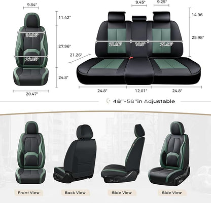 Coverado Automotive Seat Covers Front Seats, Leather Seat Covers 2 Pack, Black Green Car Seat Cover, Waterproof Car Seat Protector with Lumbar Support, Front Seat Covers Universal Fit for Most Cars