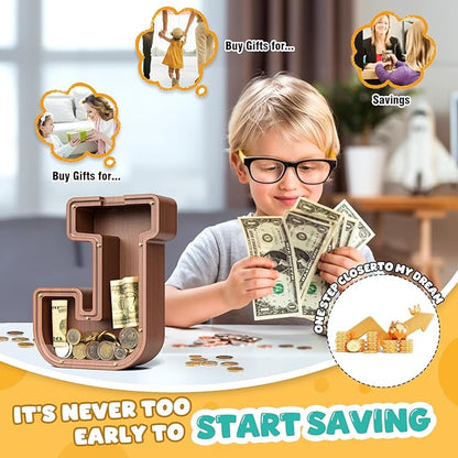Summidate Wooden Letter Piggy Bank, Extra Thick Large Capacity Piggy Bank for Kids Boys Girls Toddler, Alphabet J Money Bank| Coin Box Birthday, Christmas, Festival