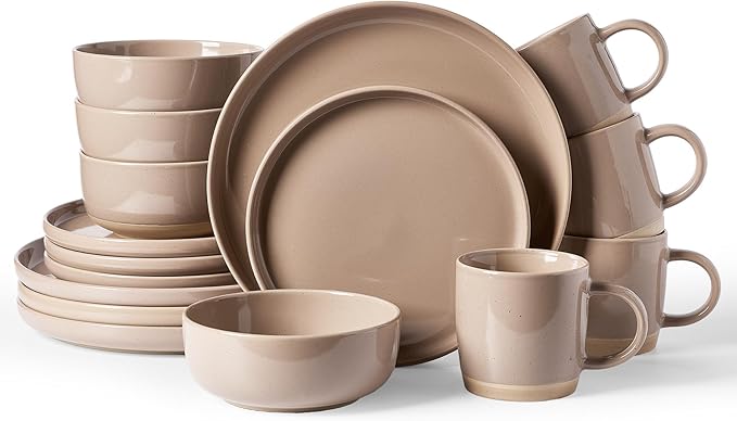 Famiware Milkyway Dinnerware Set with Mugs, Service for 4 (16pcs), Ribbed Stoneware Plates and Bowls Dishes Sets - Chip & Scratch Resistant, Microwave & Dishwasher Safe, Cinnamon Brown