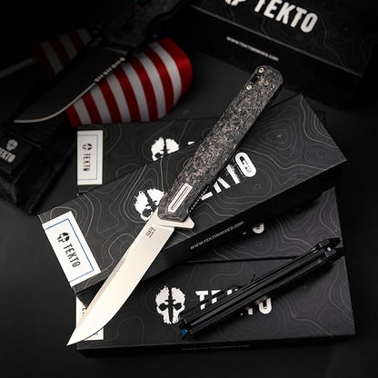 F2 Bravo Folding Knife Pocket - D2 Steel Blade, Ceramic Ball Bearings - EDC - Snap, Swift Flip - Camping, Backpacking - 2.4oz (68g), Forged Carbon Handle, Silver Titanium Accents