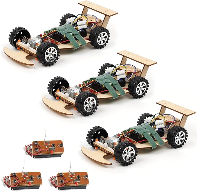 Wooden Wireless Remote Control F1 Racing Car Science Kit to Build (3 Pack of Green)