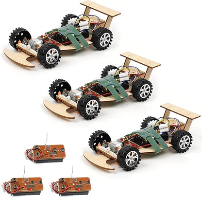 Wooden Wireless Remote Control F1 Racing Car Science Kit to Build (3 Pack of Green)