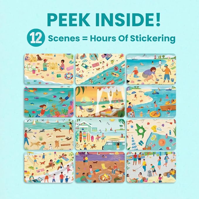 CUPKIN Sticker Book for Kids 2-4, 500+ Kids Stickers, Beach Day 12 Coloring Pages 12 Side by Side Scenes, Fun Toddler Travel Activity Coloring and Sticker Books for Children Ages 4-8 + 8-10