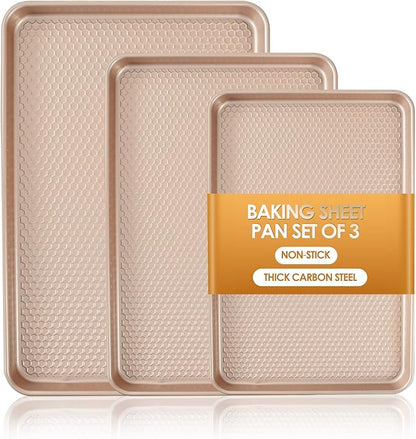 Baking Sheet Pan Set of 3, Nonstick Carbon Steel Cookie Sheets