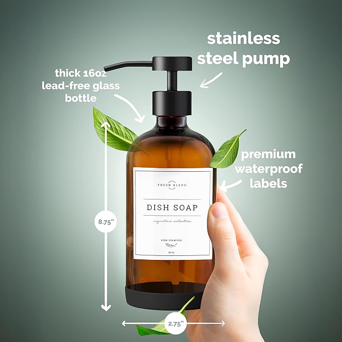 Vine Creations Amber Glass Soap Dispenser Set