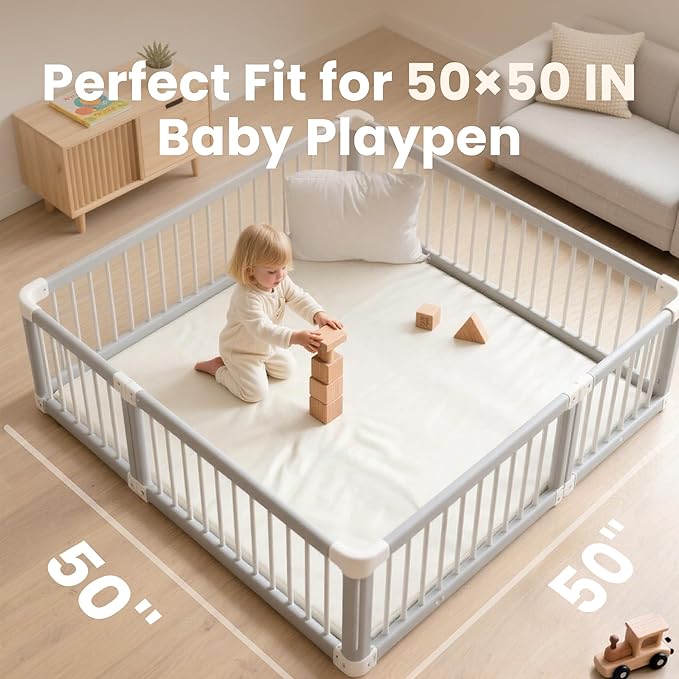 Baby Play Mat 50x50 Inches,1.3" Thick Padded Waterproof Floor Cushion & Playpen Mat with Vegan Leather,Non-Slip & Non-Toxic Nursery Rug for Infants, Toddlers & Kids(Cream)