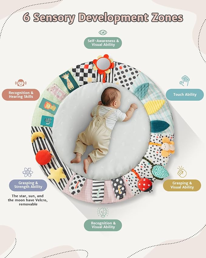 Baby Play Mat Activity Gym,6 Developmental Zones Tummy Time Mat, Foldable Wooden Baby Play Gym with 7 Detachable Sensory Toys for Newborn Brain Development, Essential Baby Shower Set