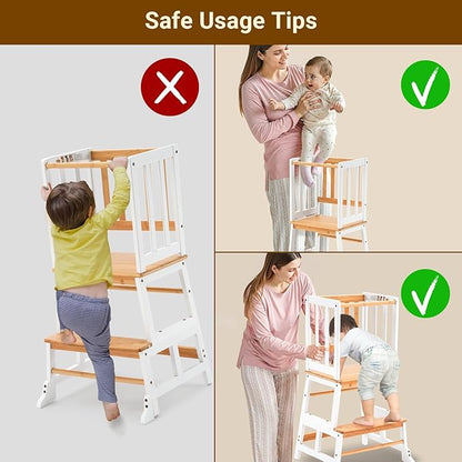 COSYLAND Kids Kitchen Step Stool Helper - Wooden Standing Tower for Kids with Anti-Tip Support Legs - Mothers' Helper Kids Learning Stool for Kitchen Counter (White & Natural)