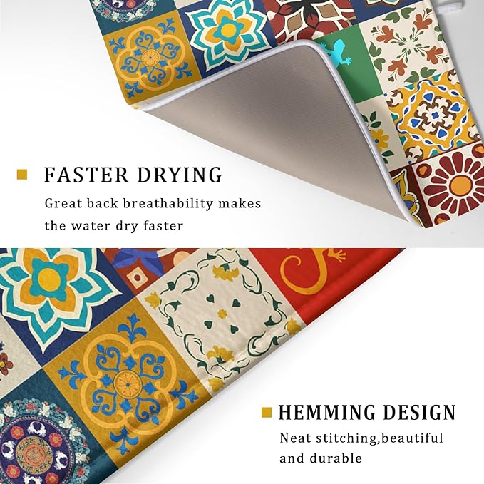 Giwawa Mexican Tile Dish Drying Mat 18"x24" Talavera Boho Floral Print Dish