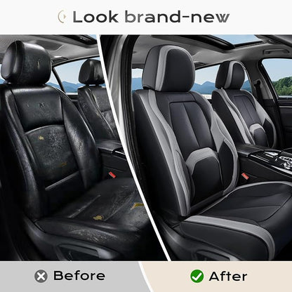 Coverado Car Seat Covers, Leather Seat Covers Full Set, Waterproof Car Seat Protector with Lumbar Support, Automotive Seat Covers Seat Cushions Universal Fit for Most Cars SUV Trucks, (Black&Beige)