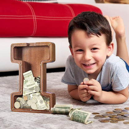 Summidate Large Wooden Piggy Bank for Kids Adults, Alphabets Letter A-Z Piggy Bank for Boys Girls, Coins Bills Change Bank Box Personalized Initial Name Kids Money Bank for Birthday Present and Decor
