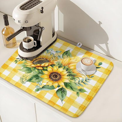 Spring Summer Dish Drying Mat 16x18 Inch Absorbent Reversible Sunflower Drying
