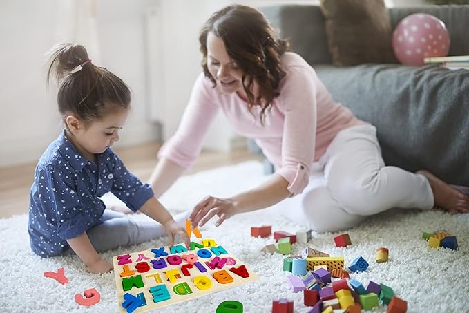 Alphabet Puzzle Wooden Puzzles for Toddlers 3 4 5 Year Old, ABC Puzzle Shape Alphabet Learning Puzzles Toys with Puzzle Board & Letter Blocks, Preschool Educational for Girls Boys