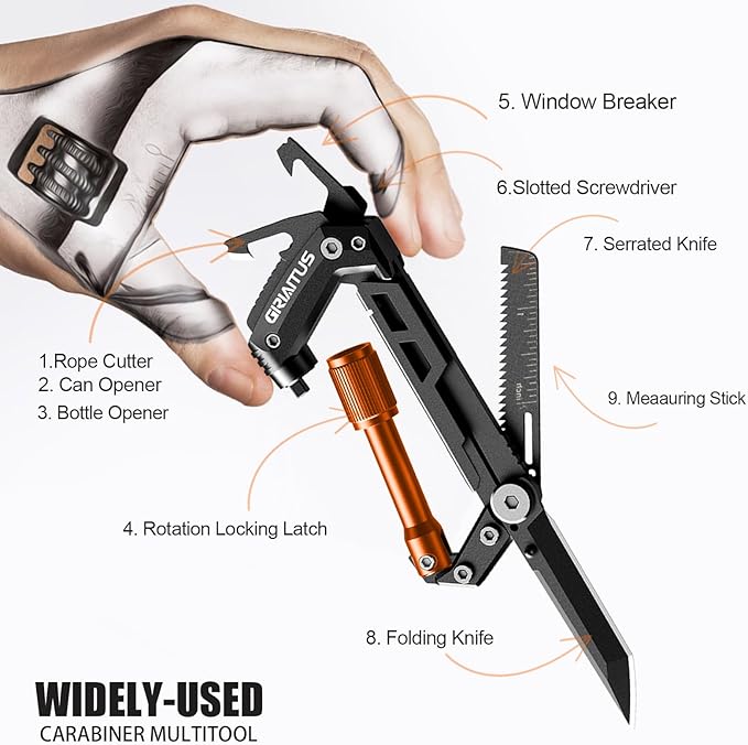 Carabiner Multitool with Pocket Knives, EDC Carabiners, Serrated Knife, Rope Cutter, Screwdriver, Can Bottle Opener, Ruler, Folding Knife for Camping Hiking, Gifts for Men (Orange)