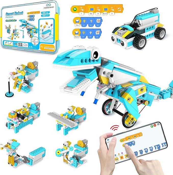 Makerzoid Coding Robot Kit for Kids, 200-in-1 RC Robot Building Toys with Motor Sensor,Scratch JR Coding Set with 36 Video Courses, Birthday Childrens' Day Gift for Kids 6+ (400+ Blocks)