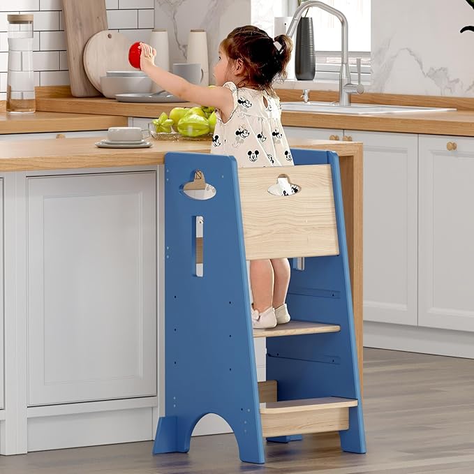 COSYLAND Toddler Standing Tower Adjustable Height - Super Stable Kids Kitchen Stool Helper - 3 Levels Adjustable Wooden Toddler Kitchen Stool (Natural & Navy Blue)