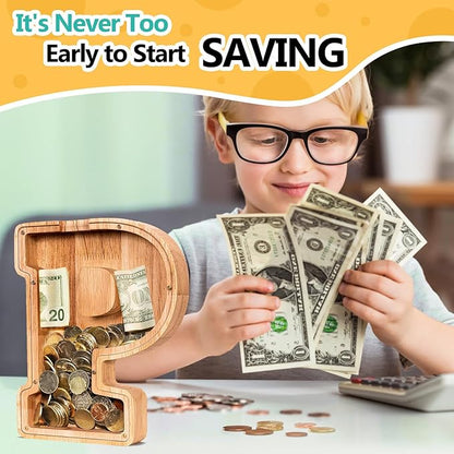 SummiDate Wooden Letter Piggy Bank| Piggy Bank for Boys Girls Toddler| Alphabet P Money Bank| Coin Bank Birthday Gift for Kids|Birthday Gift for Kids (P)