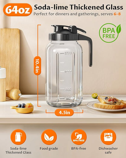 64 oz Mason Jar Pitcher – Airtight & Leakproof Glass Pitcher