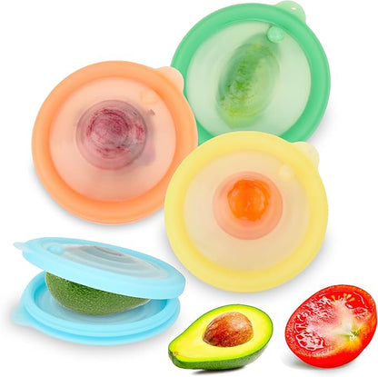Silicone Reusable Vacuum-Seal Storage Containers for Fridge,Fresh Fruit,Vegetables,Garlic,Onions,Lemons,Potatoes,Meat,for Microwave Oven Heating,Freezer,Dishwasher,Avocado Saver,Tomato Holder,4 Pack
