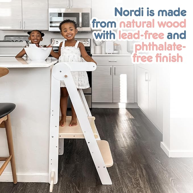 Nordi Foldable Toddler Kitchen Tower, Montessori Kitchen Stools Helper, Standing Tower with 3 Adjustable Heights, Suitable Age for 2-6 Years, White