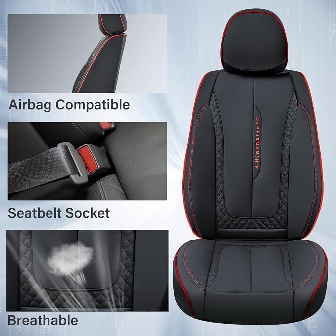 Coverado Car Seat Cover Full Set, Red Seat Covers Front Seats Back Seat Covers, Nappa Leather Waterproof, Car Seat Cushion, Car Seat Protector Universal Fit Most Cars