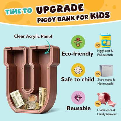 Summidate Wooden Letter Piggy Bank, Extra Thick Large Capacity Piggy Bank for Kids Boys Girls Toddler, Alphabet U Money Bank| Coin Box Birthday, Christmas, Festival