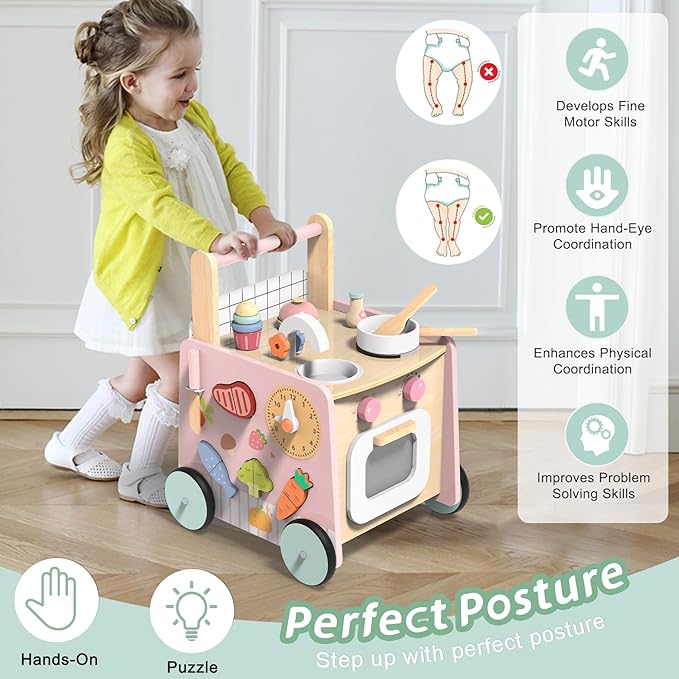 Wooden Baby Walker 9-in-1 Activity Center with Toddlers Montessori Sensory Toys and Play Kitchen Push Walker for Kids with Wheels and Storage Space, Ideal Gift for Girls Boys Ages 6-36 Month
