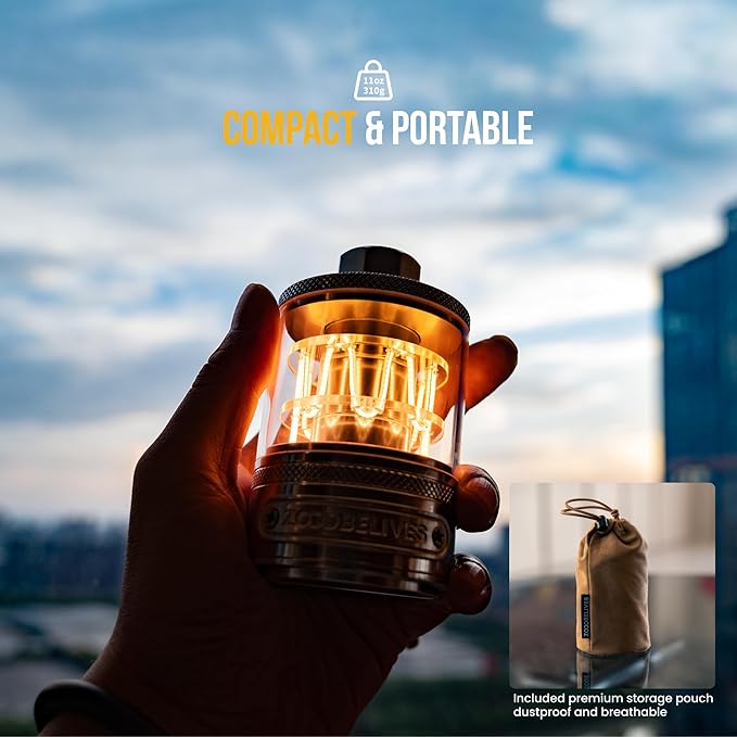 ZOOOBELIVES Vintage Aluminum Camping Lantern Light - Dimmable Warm Glow Lamp, Handcrafted Alloy, USB-C 72H Runtime, IPX4 Waterproof for Hiking, Backpacking & Glamping | LumiSummit