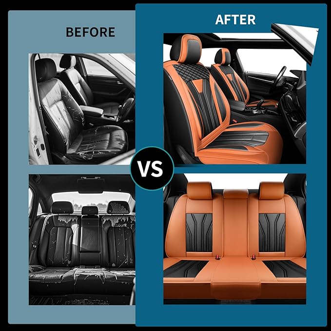 Fit Wrangler 4-Door Car Seat Covers for Jeep Wrangler 2010-2025 2026 -Premium Leather, Waterproof，Breathable，All-Weather Seat Cushion Protecto & Airbag Compatible, 2 Front Seat Orange & Black