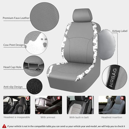 CAR PASS Cow Print Faux Leather Car Seat Covers & Cow Car Mats & Cow Steering Wheel Cover Seat Belt Pads Universal fit for SUV,Van,Saden,Truck Cute Car Accessories Automobile Interior Sets All Gray