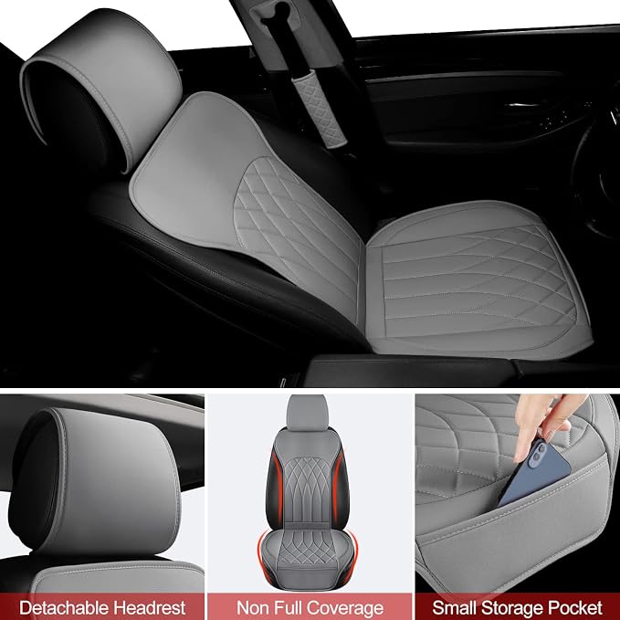 BEITK 2 Pack Leather Front Car Seat Covers, Universal Sideless Car Seat Protectors with Storage Pocket and Seat Belt Pads, Waterproof Automotive Seat Cover for Cars Trucks SUV(Grey)