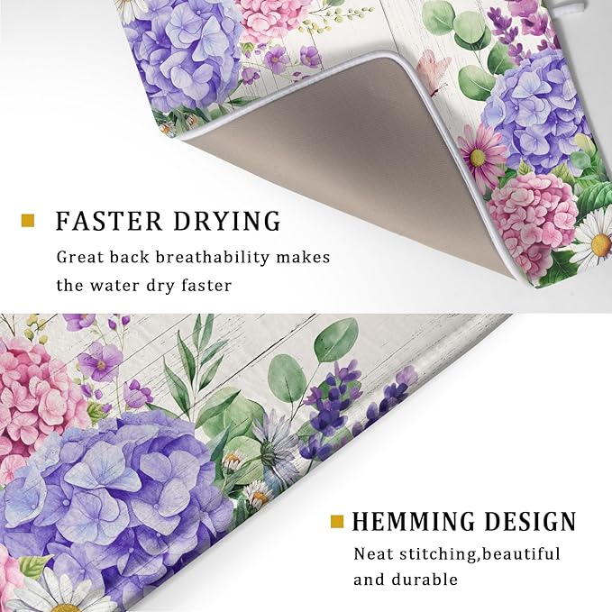 Hydrangea Floral Dish Drying Mat 18x24 inch Spring Summer Decorative Fast Dry