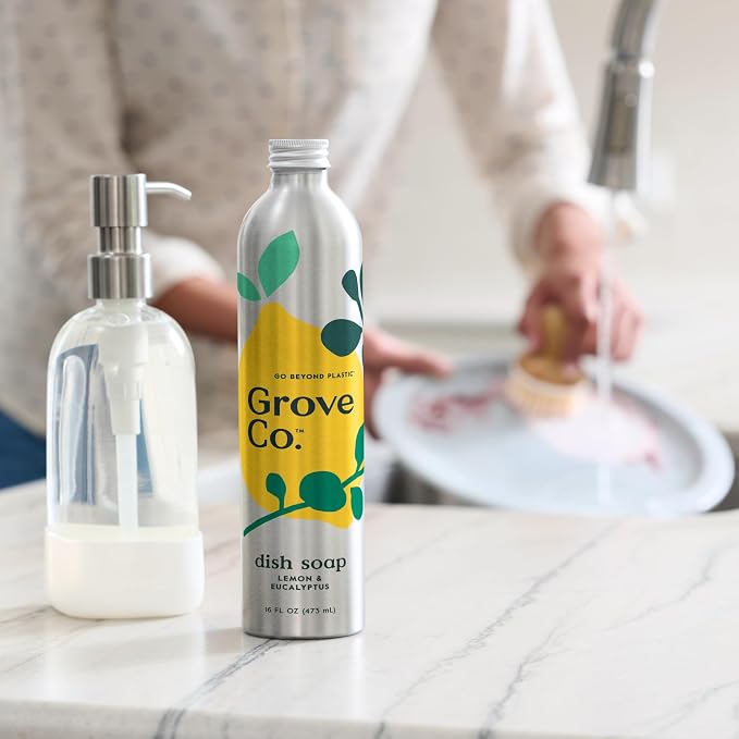 Grove Co. Dish Soap, 3 x 16 fl oz Refills, Lemon & Eucalyptus | Plastic-Free; Refill format; Natural Fragrance; Removes Stuck on Food; 98% plant-based ingredients