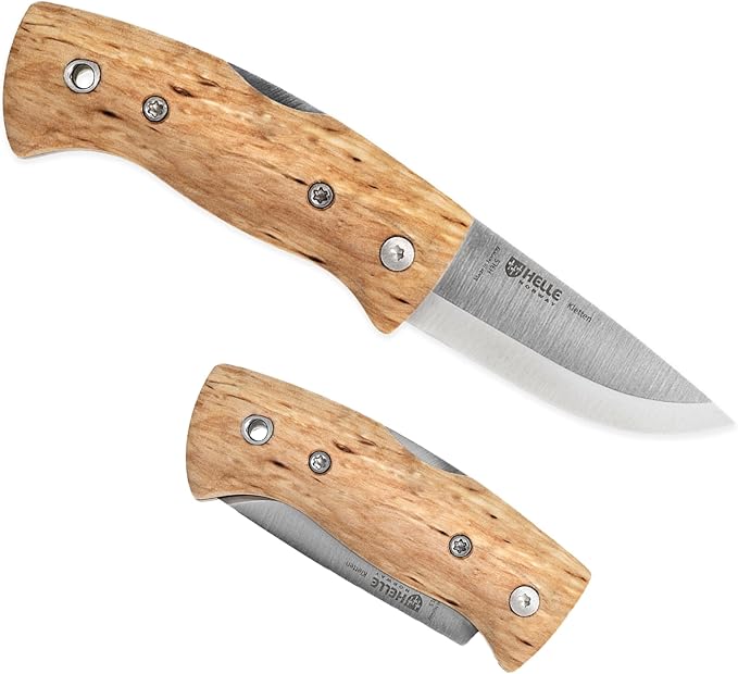 HELLE Knives - Kletten - Folding EDC Pocket Knife - Birch Wood Handle - Triple Laminated Stainless Steel - Made in Norway