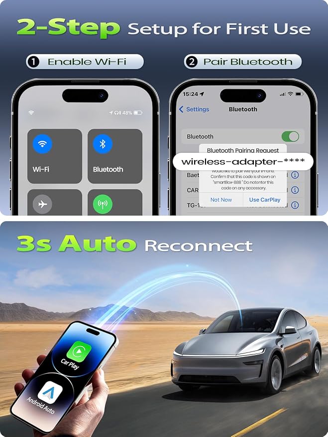 Wireless CarPlay Adapter for iPhone & Android Auto - Wired to Wireless Car Play Dongle, Gold-Plated USB, No Lag & Auto Reconnect for Daily Drive, Mini Size, Plug & Play with OEM Wired Cars 2016+