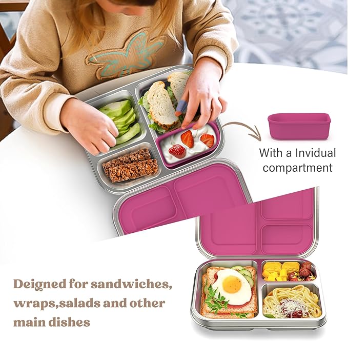 Stainless Steel Bento Box Kids, 3 Compartments Leak Proof Metal Bento Lunch Box, 304 Stainless Steel Bento Lunch Containers for School and Office,Dishwasher Safe, BPA-Free-Pink