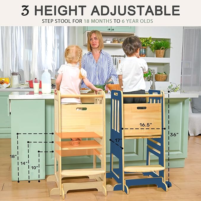 WINGYZ Toddler Kitchen Stool – Adjustable Helper Tower for Kids with Safety Rail, Wooden Standing Step-Up Stool, Sliding Door & Stable Base, Dark Blue
