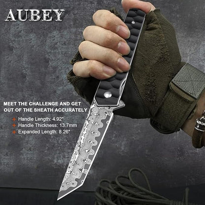 AUBEY Damascus Pocket Knife with Clip, Tanto Blade Damascus Steel Folding Knives for Men Tactical, Aluminum Handle with Glass Breaker for EDC Camping Gift