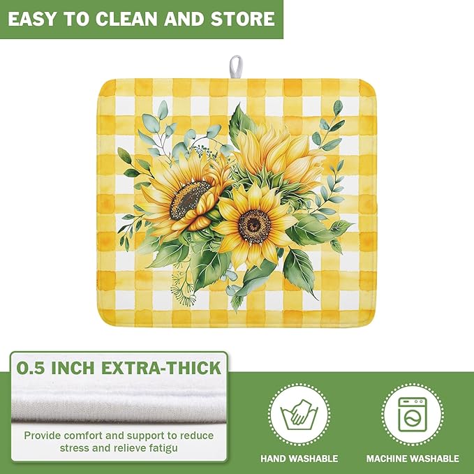 Spring Summer Dish Drying Mat 16x18 Inch Absorbent Reversible Sunflower Drying