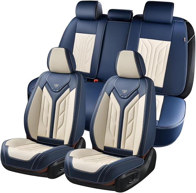 Coverado Car Seat Covers Full Set, Leather Seat Covers for Cars, Automotive Seat Covers Car Seat Protectors Car Accessories Universal Fit for Most Sedans SUV Pick-up Truck(Blue&Beige)