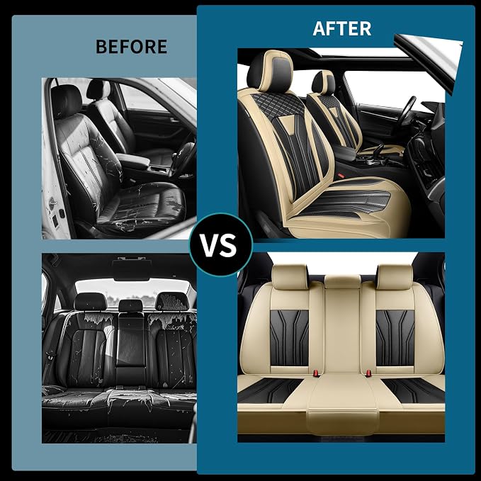 Fit Compass Car Seat Covers for Jeep Compass 2007-2025 2026 -Full Set Premium Leather, Waterproof & Breathable，All-Weather Seat Cushion Protecto & Airbag Compatible, 2 Front Seat Beige & Black