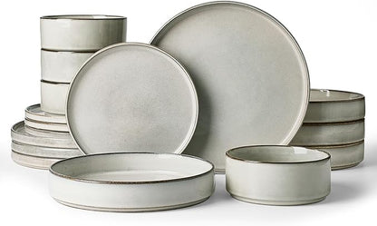Famiware Annecy Plates and Bowls Sets, Service for 4 (16 Pieces), Dinnerware Sets with Pasta Bowls, Microwave and Dishwasher Safe Dishes Set, Chip and Scratch Resistant, Grey-White