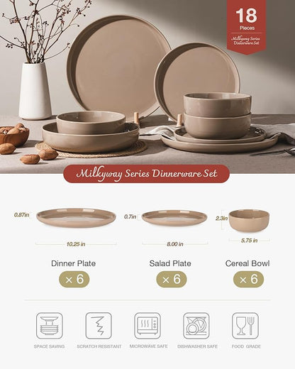 Famiware Milkyway Plates and Bowls Set, 18 Pieces Dinnerware Sets, Dishes Set for 6, Cinnamon Brown