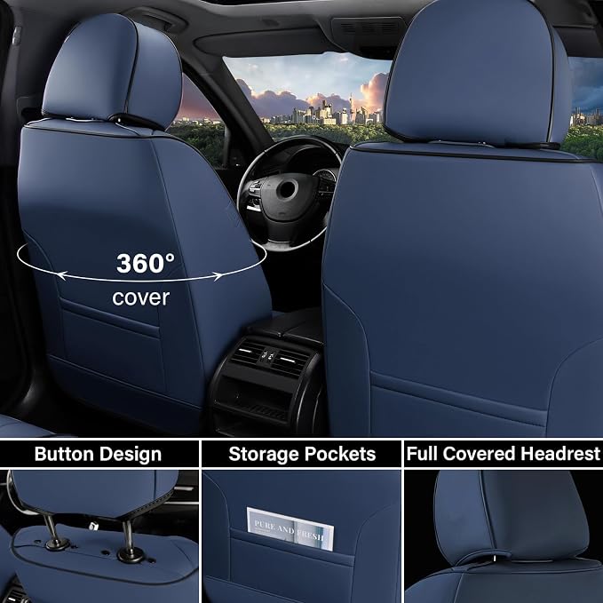 Coverado Car Seat Covers Full Set, Leather Seat Covers for Cars, Automotive Seat Covers Car Seat Protectors Car Accessories Universal Fit for Most Sedans SUV Pick-up Truck(Blue&Beige)