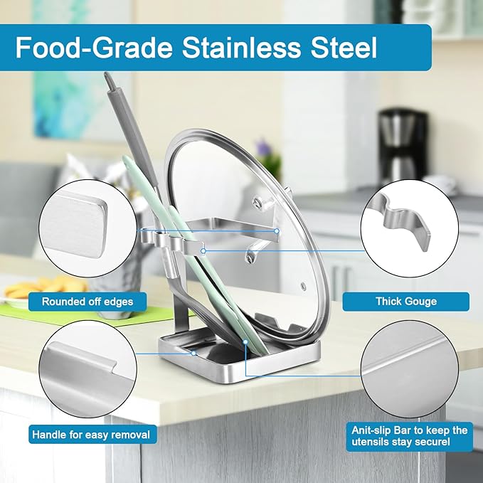 SOLEADER Pot Lid Holder While Cooking, 2 in 1 Stainless Steel Upright Spoon Rest