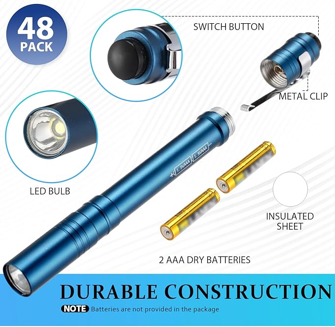 48 Pack Mini Pen Flashlights Bulk LED Pen Lights Aluminum Pocket Flashlights with Clips Small Handheld Torches Gifts for Camping Hiking Emergency Outdoor (Blue)