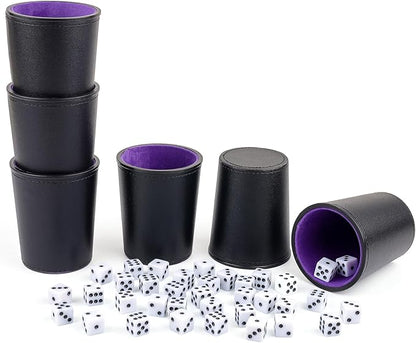 Felt-Lined PU Leather Dice Cup Set, 6 Quiet Dice Shaker Cups with 36 Dices for Bar Party Yahtzee Farkle Dice Games, Purple