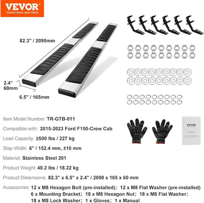 VEVOR Running Boards, 6" Step Bars Compatible with 2015-2023 Ford F150-Crew Cab/2017-2023 Ford F-250 F-350 Super Duty Crew Cab, 201 Stainless Steel Side Steps Nerf Bars, 500LBS Capacity, 2 Piece